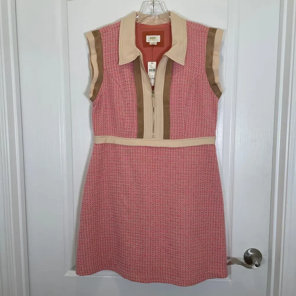 Anthropologie Maeve Tweed Mini Dress Collared Pink Cream Preppy Retro NWT 12 - Picture 3 of 7